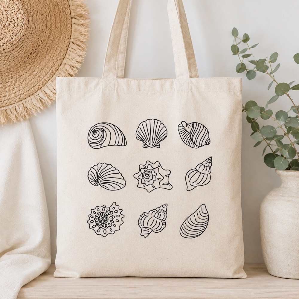 Seashell Line Art Canvas Tote Bag Coastal Beach Reusable Shopper Cream Black